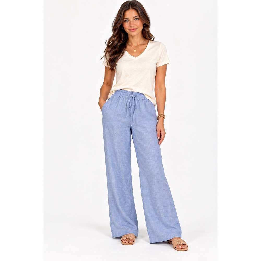 J.Crew Women's Seaside 100% Linen Pull-On Wide Leg Pants Blue Drawstring medium